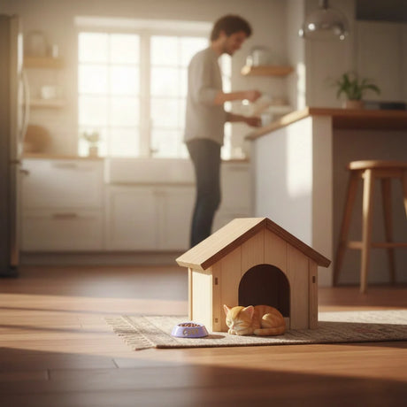 Miniature Cat Feeder infront of the cat house.