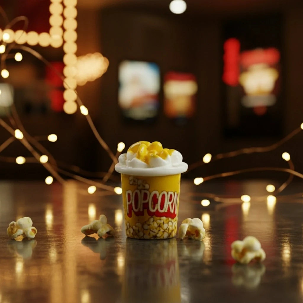 Miniature Popcorn Bucket (1pc) displayed with cinematic lights.