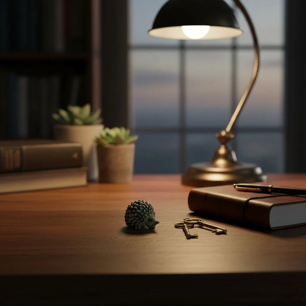 Miniature Porcupine Long Nose on the desk beside the study lamp in the background.