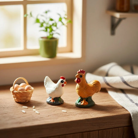 Miniature Rooster Assorted (1Pc) displayed on a wooden table near a window.