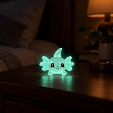 Miniature Glow Axolotl Fish Assorted (1pc) glowing on a wooden table in a dimly lit room