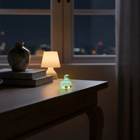 Miniature Glow Cute Duck Assorted (1pc) glowing on a desk near a window in a dimly lit room