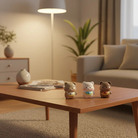 Miniature Cute Resin Bear Assorted (1pc) displayed on a wooden coffee table with decorative items