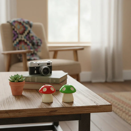 Miniature Mini Resin Mushroom Assorted displayed on a wooden table