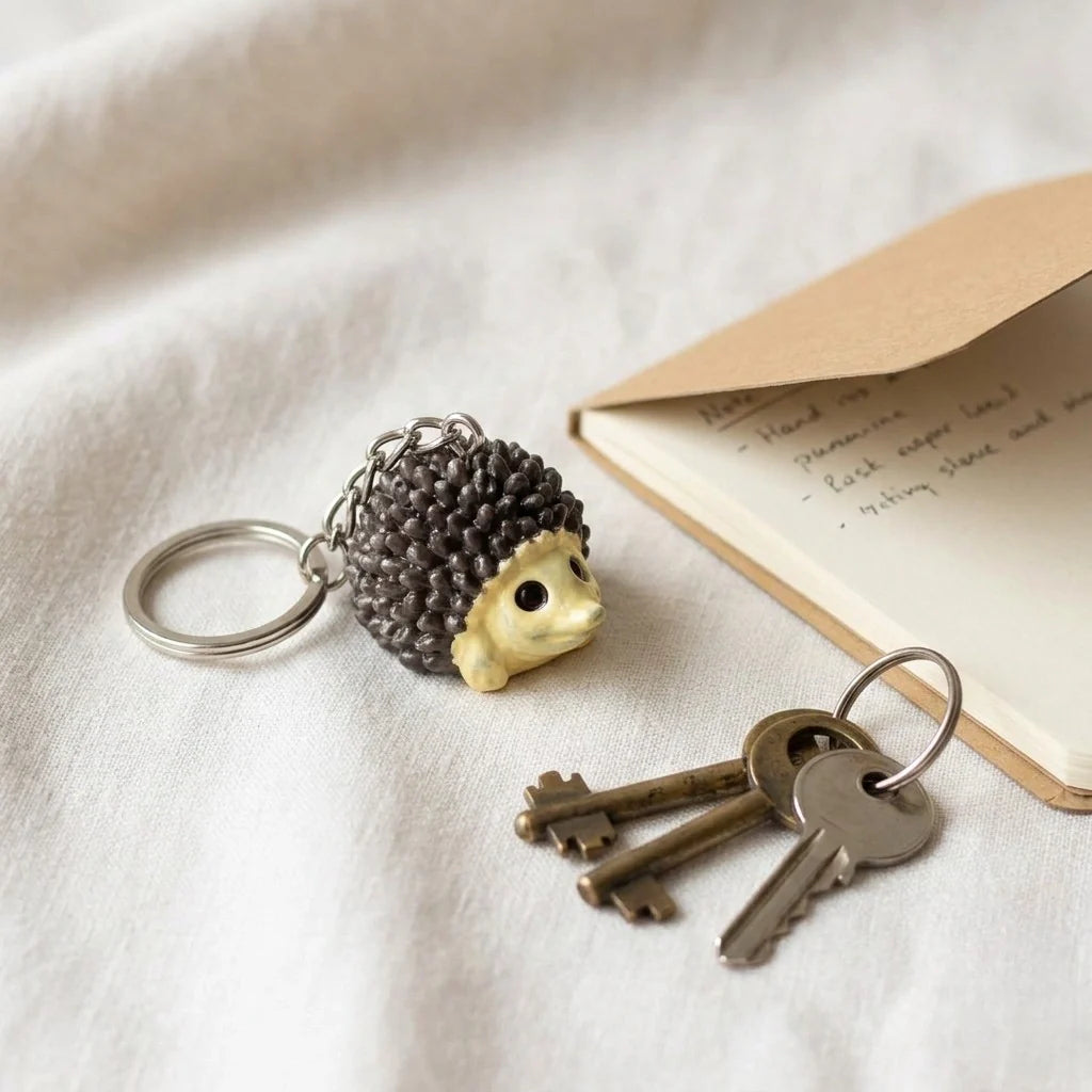 Miniature Porcupine Assorted (1Pc) displayed beside keys and a ring on a soft surface.