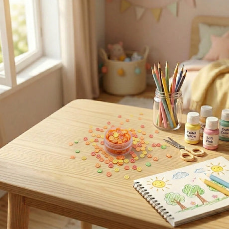 Miniature Resin Orange Slice (10Pcs) arranged on a wooden table with art supplies.