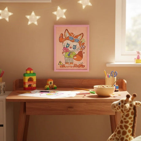 Labubu Rebel Diamond Art Painting Kit (1Pc) over the desk wall.