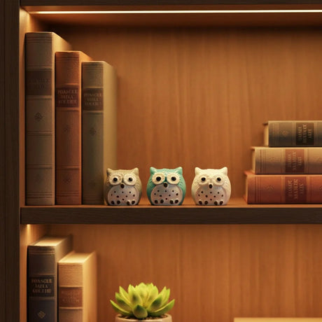Miniature Owl Assorted (1pc) displayed on a bookshelf