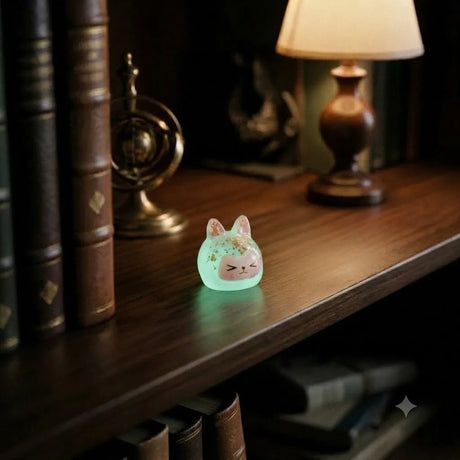 Miniature Glow Kawaii Rabbit Assorted (1pc) glowing on a bookshelf in a dimly lit room