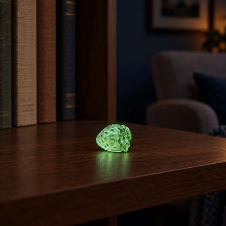 Miniature Glow Strawberries Assorted (1pc) glowing on a wooden table in a dimly lit room