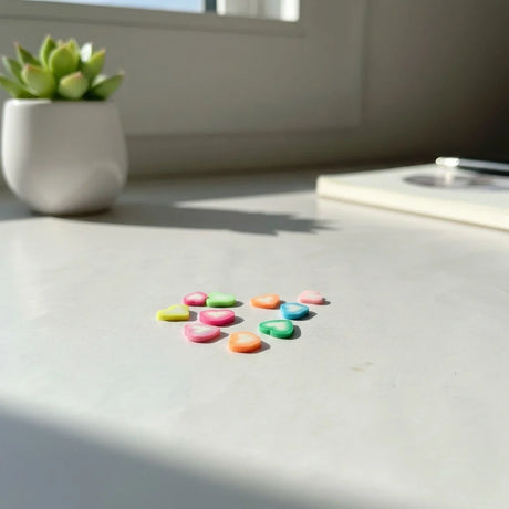 Miniature Polymer Clay Heart Fimo Assorted (10pcs) displayed on a table