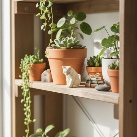 Miniature Toy Cat Assorted (1Pc) displayed on a wooden shelf with plants.