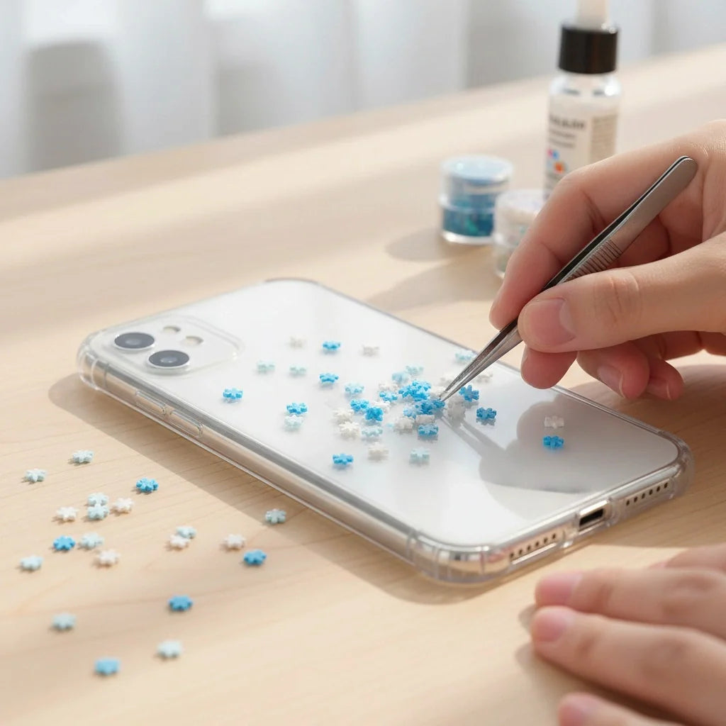 Miniature Polymer Clay SnowFlakes (10pcs) used in decoration of backcase of the phone.