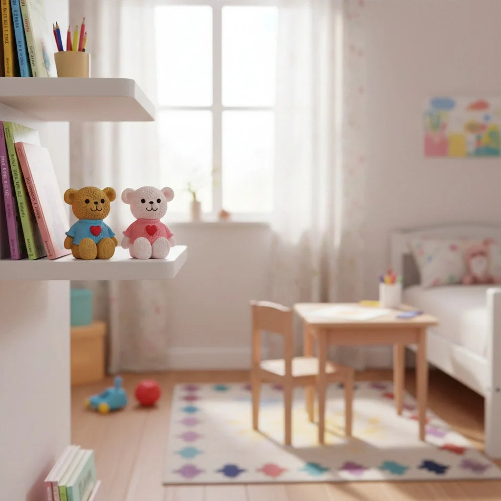 Miniature Teddy Bear (1pc) decor in hanging bookshelves.