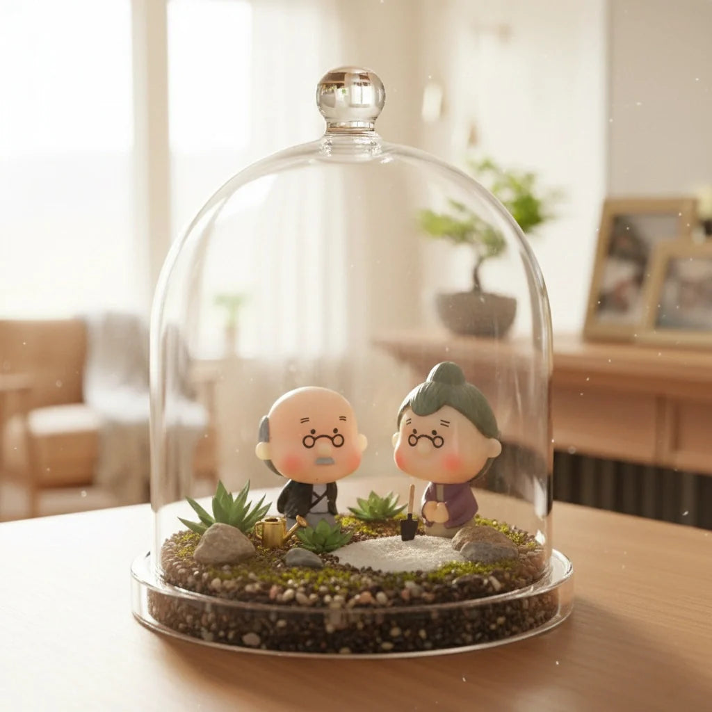 Miniature Old Couple Grandparents Assorted (Small) displayed inside a glass dome