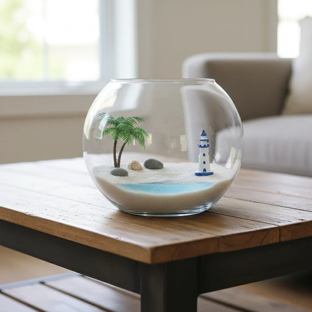 Miniature Sea Side Watch Light Tower (1pc) placed in the aquarium bowl.