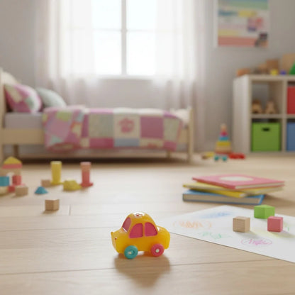 Miniature Toy Car on the floor in the child's bedroom.