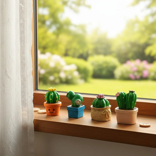 Miniature Cactus Assorted (1pc) on the side of the window.