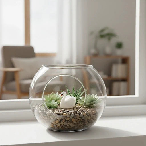 Miniature Swan Assorted (1Pc) displayed in a glass bowl with decorative plants.