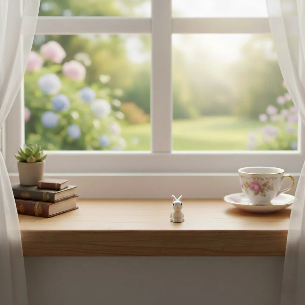Miniature Rabbits Assorted (1Pc) displayed on a windowsill with plants.