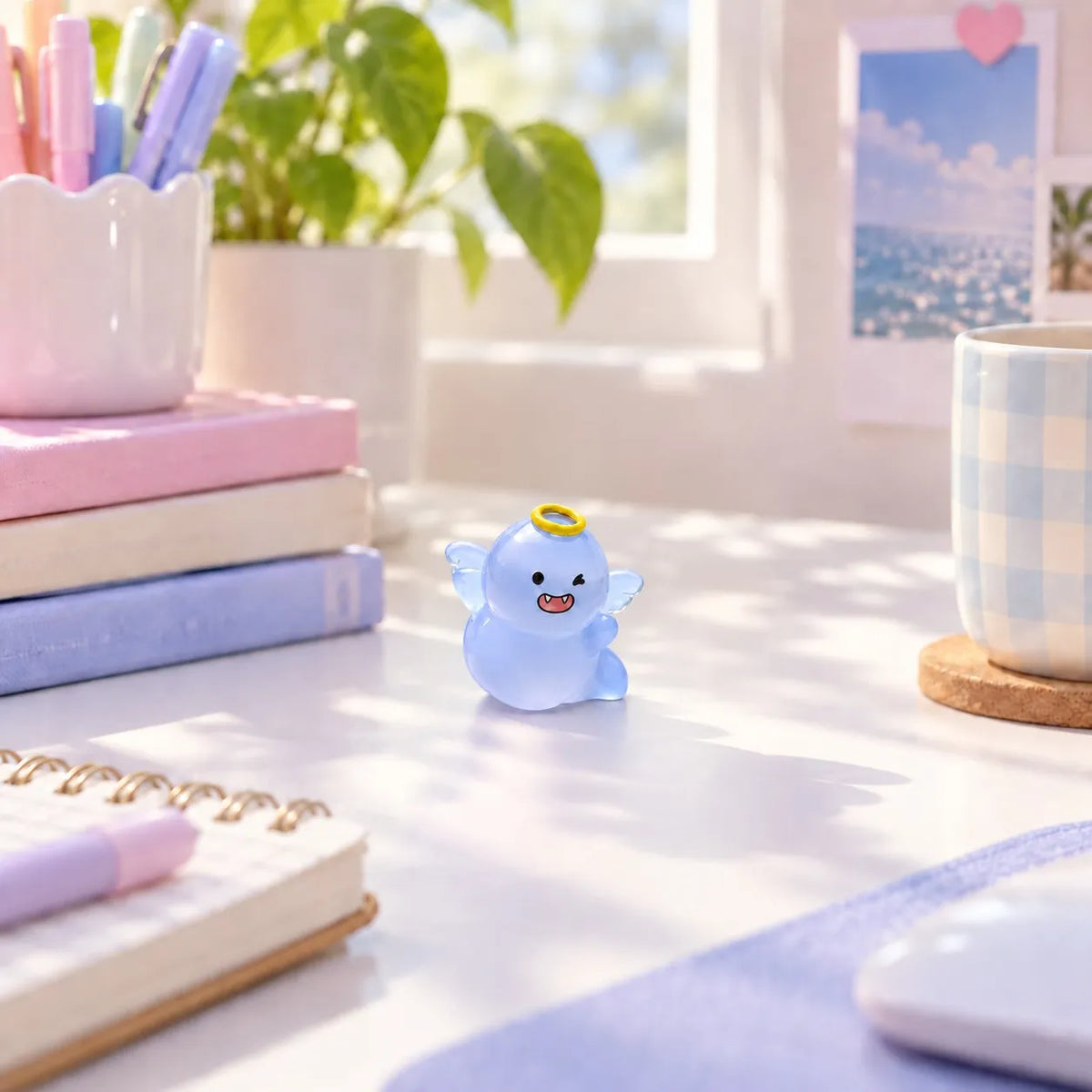 Miniature Glow Ghost Angel Doll Assorted (1pc) displayed on a desk near a window with books and stationery