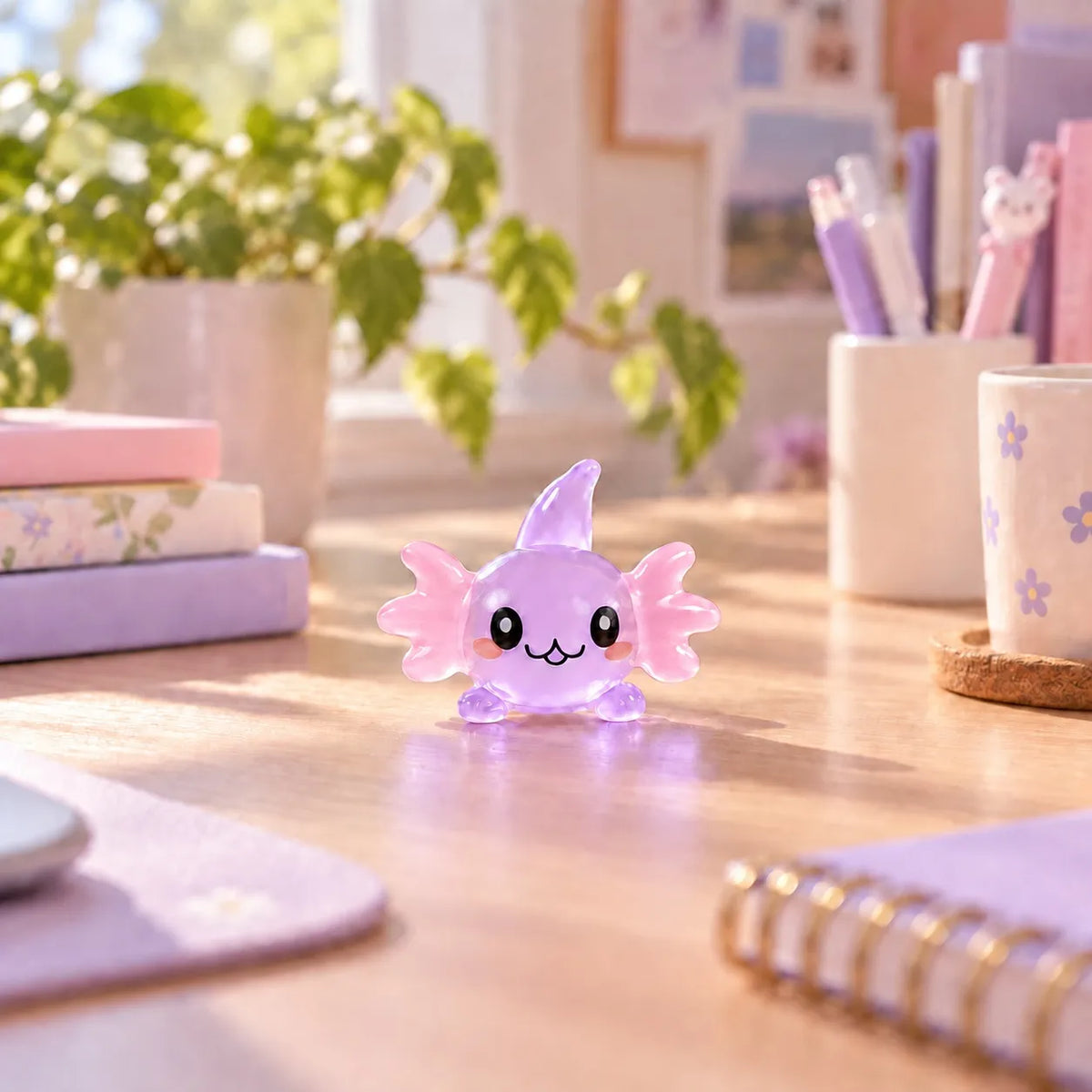 Miniature Glow Axolotl Fish Assorted (1pc) displayed on a desk near a window with stationery and decorative items