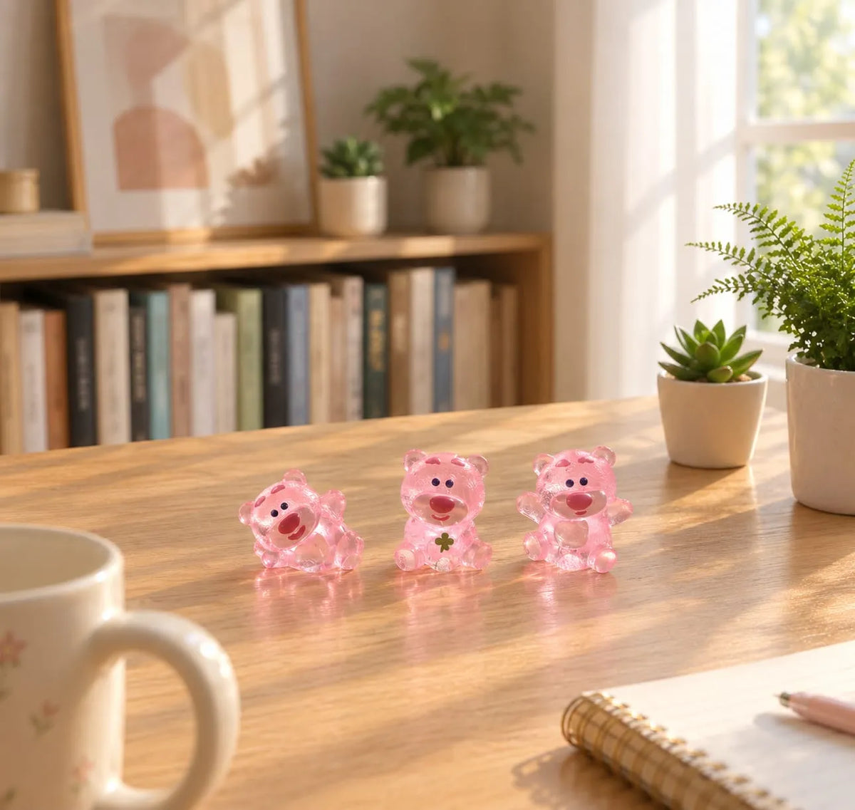 Miniature Glow Pink Bear Assorted (1pc) displayed on a wooden table with other miniatures