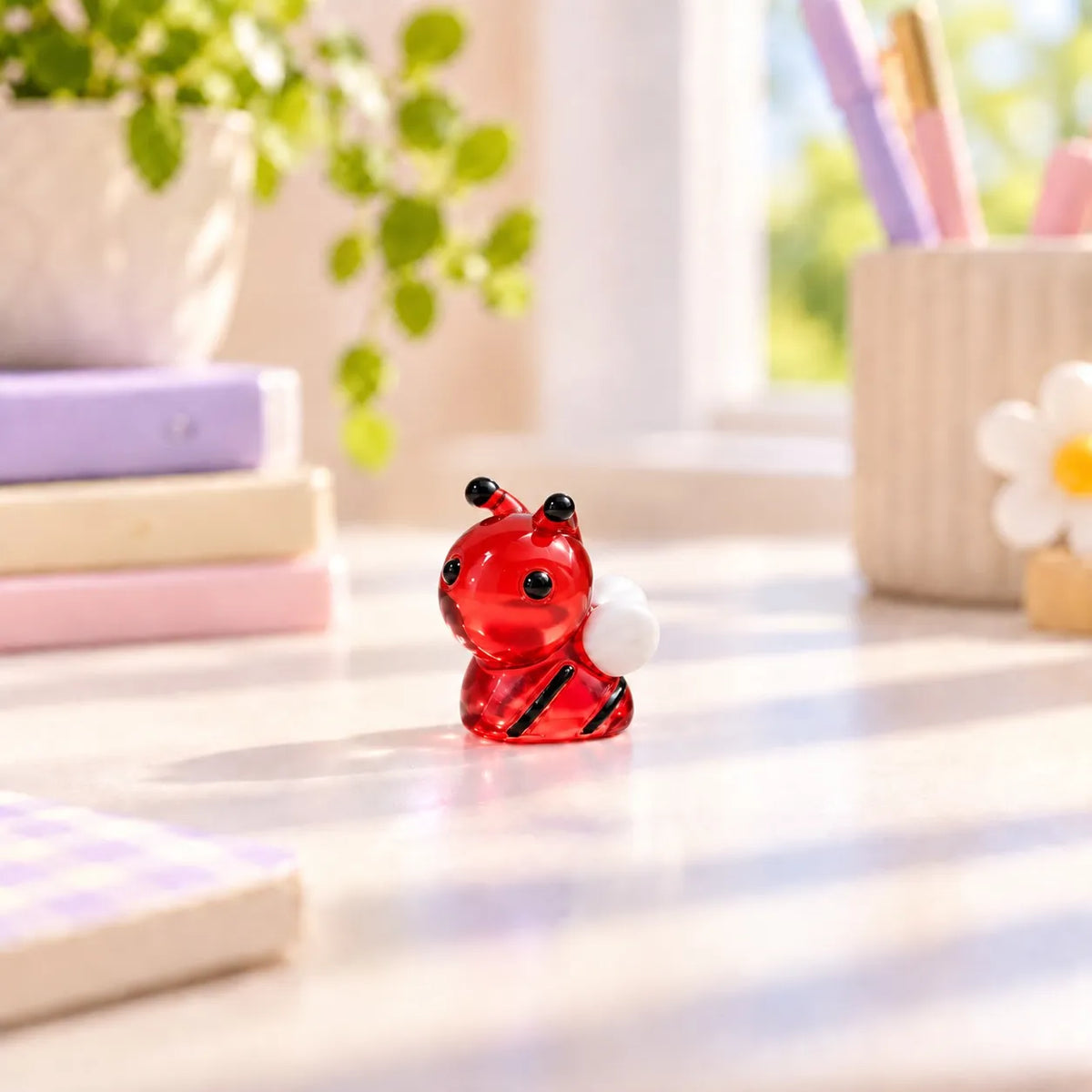 Miniature Glow Bee Assorted (1pc) displayed on a desk near a window with decorative items