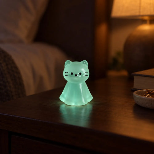 Miniature Glow Cat Assorted (1pc) glowing on a wooden table in a dimly lit room