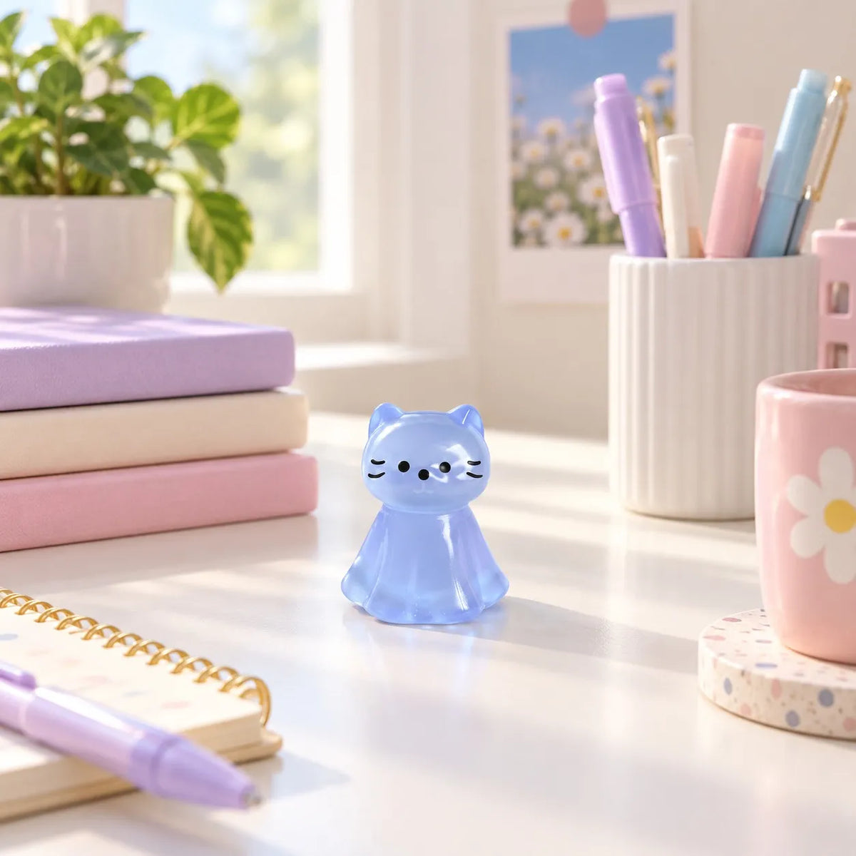 Miniature Glow Cat Assorted (1pc) displayed on a desk near a window with stationery and decorative items