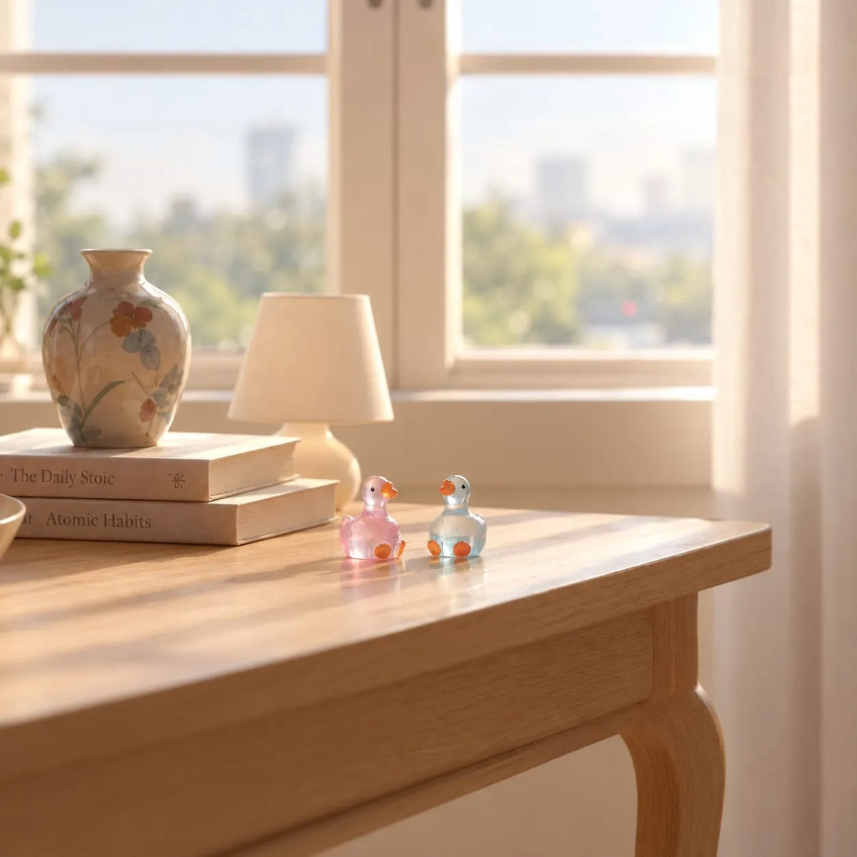 Miniature Glow Cute Duck Assorted (1pc) displayed on a wooden table near a window with decorative items