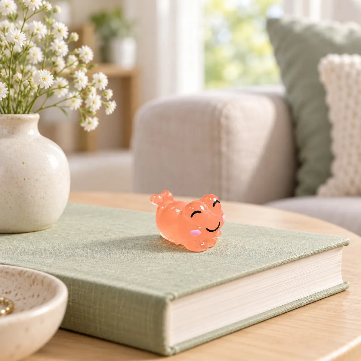 Miniature Glow Cute Resin Frog Assorted (1pc) displayed on a book near a window with decorative items