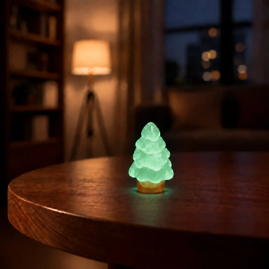 Miniature Glow Christmas Tree Assorted (1pc) glowing on a wooden table in a dimly lit room
