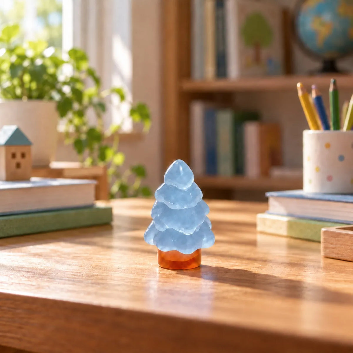 Miniature Glow Christmas Tree Assorted (1pc) displayed on a wooden table near a window with decorative items