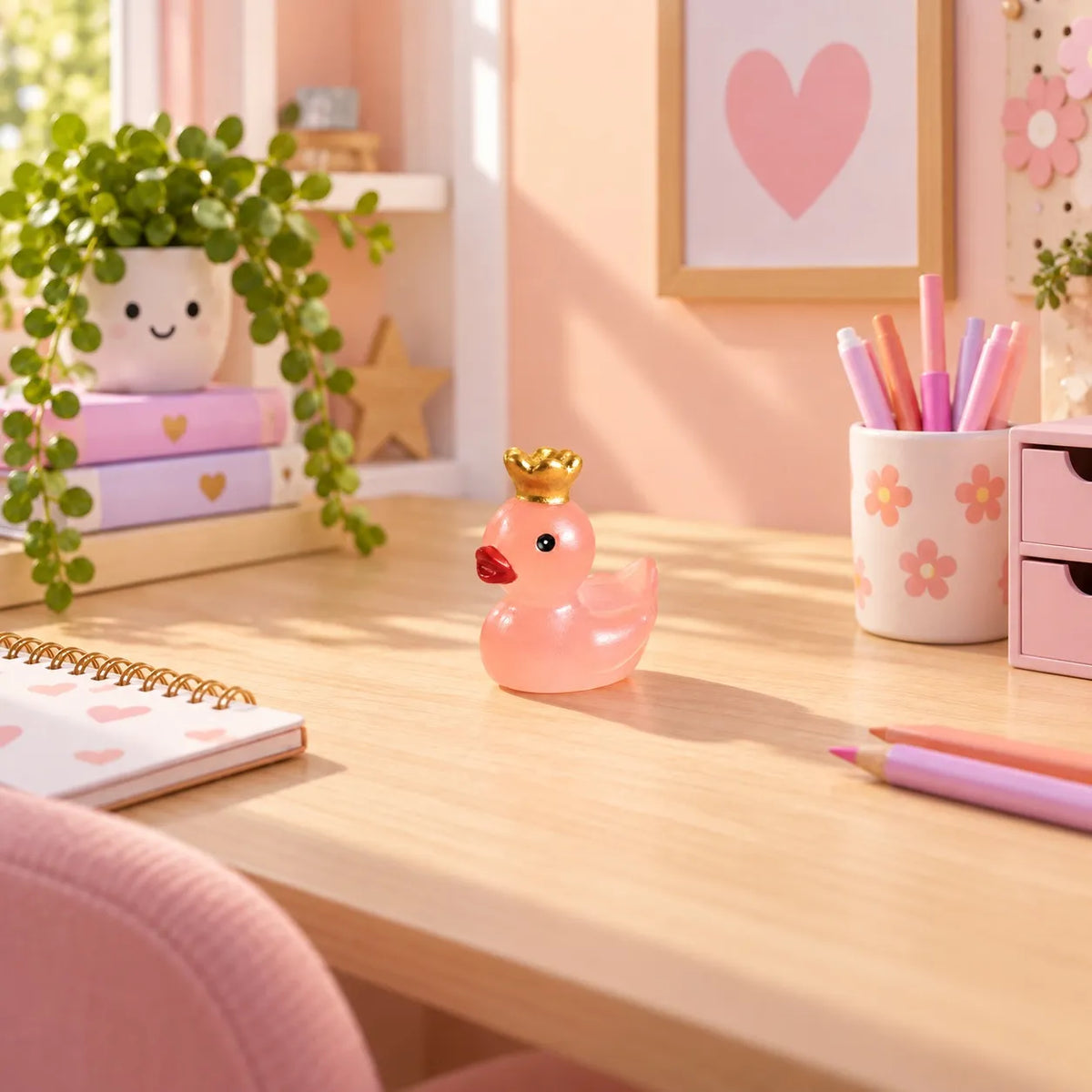 Miniature Glow Crown Duck Assorted (1pc) displayed on a desk near a window with decorative items