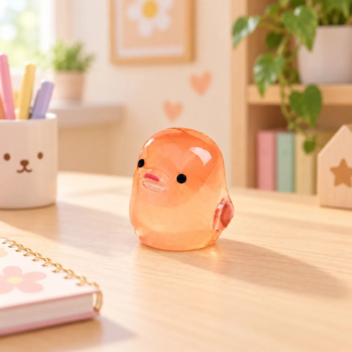 Miniature Glow Chick Assorted (1pc) displayed on a desk near a window with decorative items