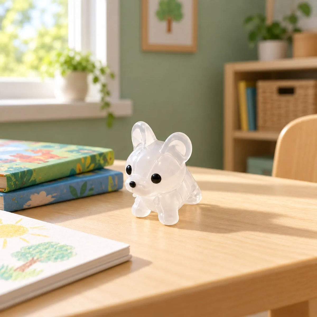 Miniature Glow Mini Dogs Assorted (1pc) displayed on a desk near a window with books and decorative items