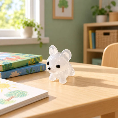 Miniature Glow Mini Dogs Assorted (1pc) displayed on a desk near a window with books and decorative items
