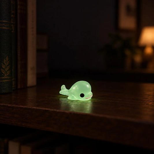 Miniature Glow Dolphin Assorted (1pc) glowing on a wooden table in a dark setting