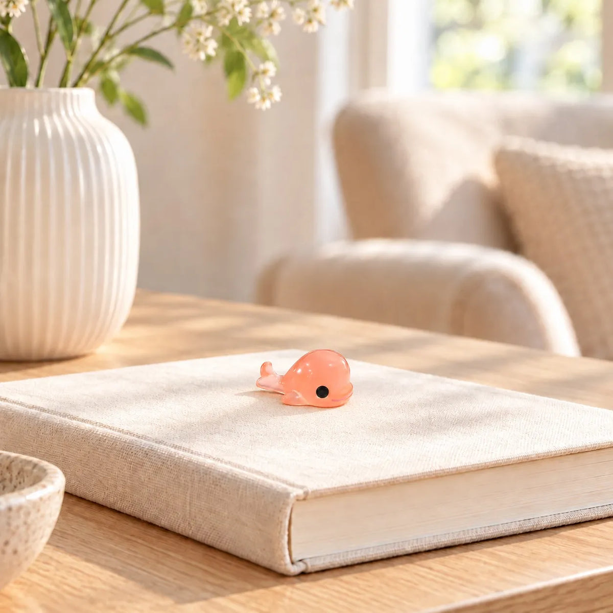 Miniature Glow Dolphin Assorted (1pc) displayed on a book near a window with decorative items