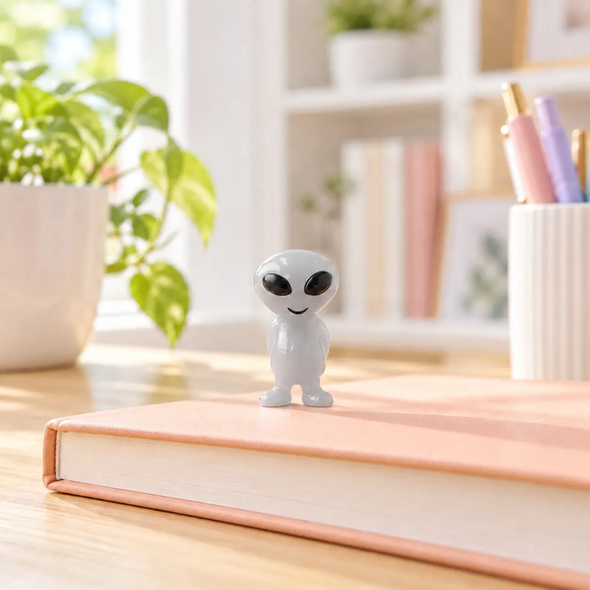 Glow in the Dark Elves (1pc) displayed on a book near a window with decorative items