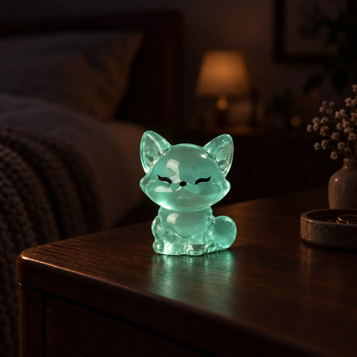 Miniature Glow Fox Assorted (1pc) glowing on a wooden table in a dimly lit room