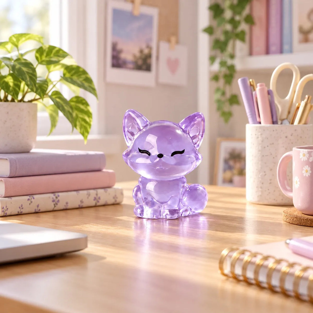 Miniature Glow Fox Assorted (1pc) displayed on a desk near a window with stationery and decorative items