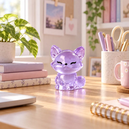 Miniature Glow Fox Assorted (1pc) displayed on a desk near a window with stationery and decorative items