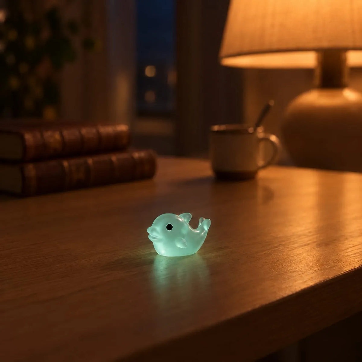 Miniature Glow Fish Assorted (1pc) glowing on a wooden table in a dimly lit room