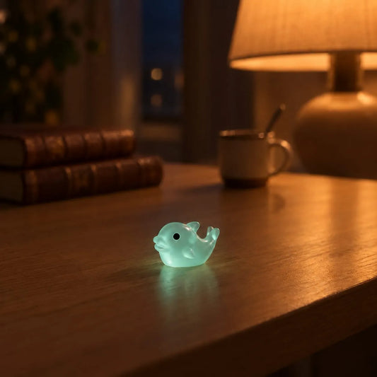 Miniature Glow Fish Assorted (1pc) glowing on a wooden table in a dimly lit room