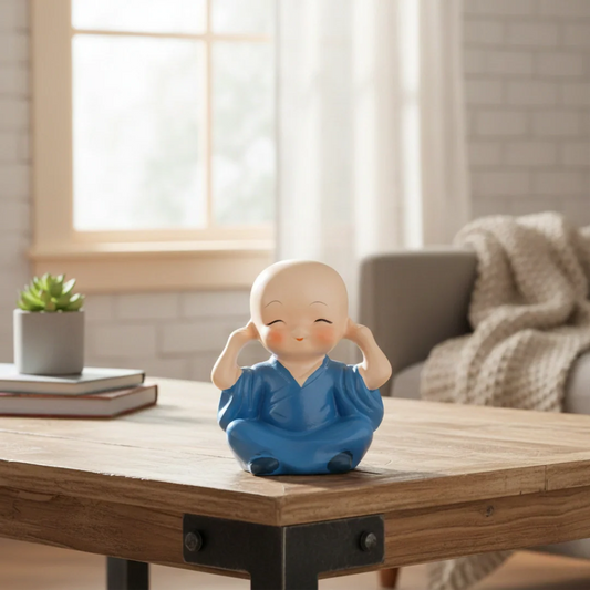 Miniature Monks Assorted (1pc) displayed on a wooden coffee table in a cozy living room