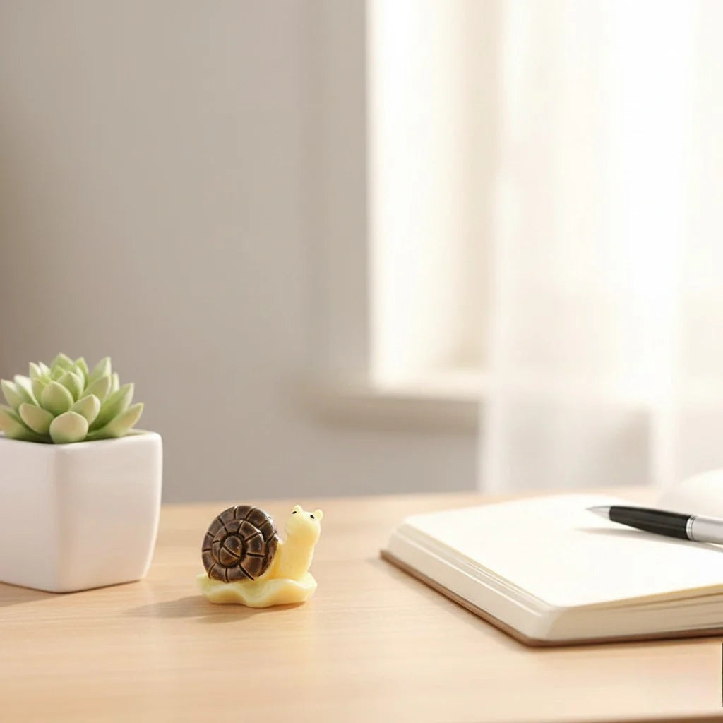 Miniature Snails for Fairy Gardens Assorted displayed on a desk beside a notebook and plant.