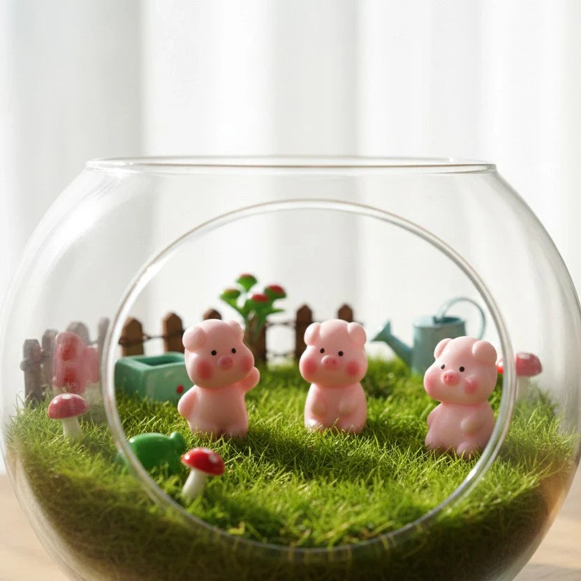 Miniature Cute Piglet Assorted (1pc) displayed inside a decorative glass terrarium with miniature plants