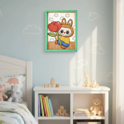 Labubu Rose Diamond Art Painting Kit (1Pc) on the bedroom's wall.